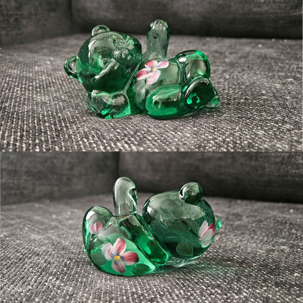 FENTON Vintage Hand Painted Floral Green Bear